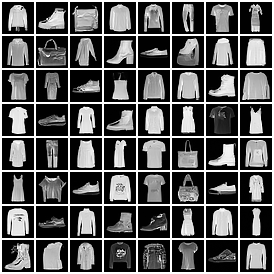 An 8 by 8 grid of generated Fashion-MNIST images: shirts, trousers, bags, shoes, and coats.