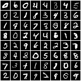 An 8 by 8 grid of varied, legible generated handwritten digits.