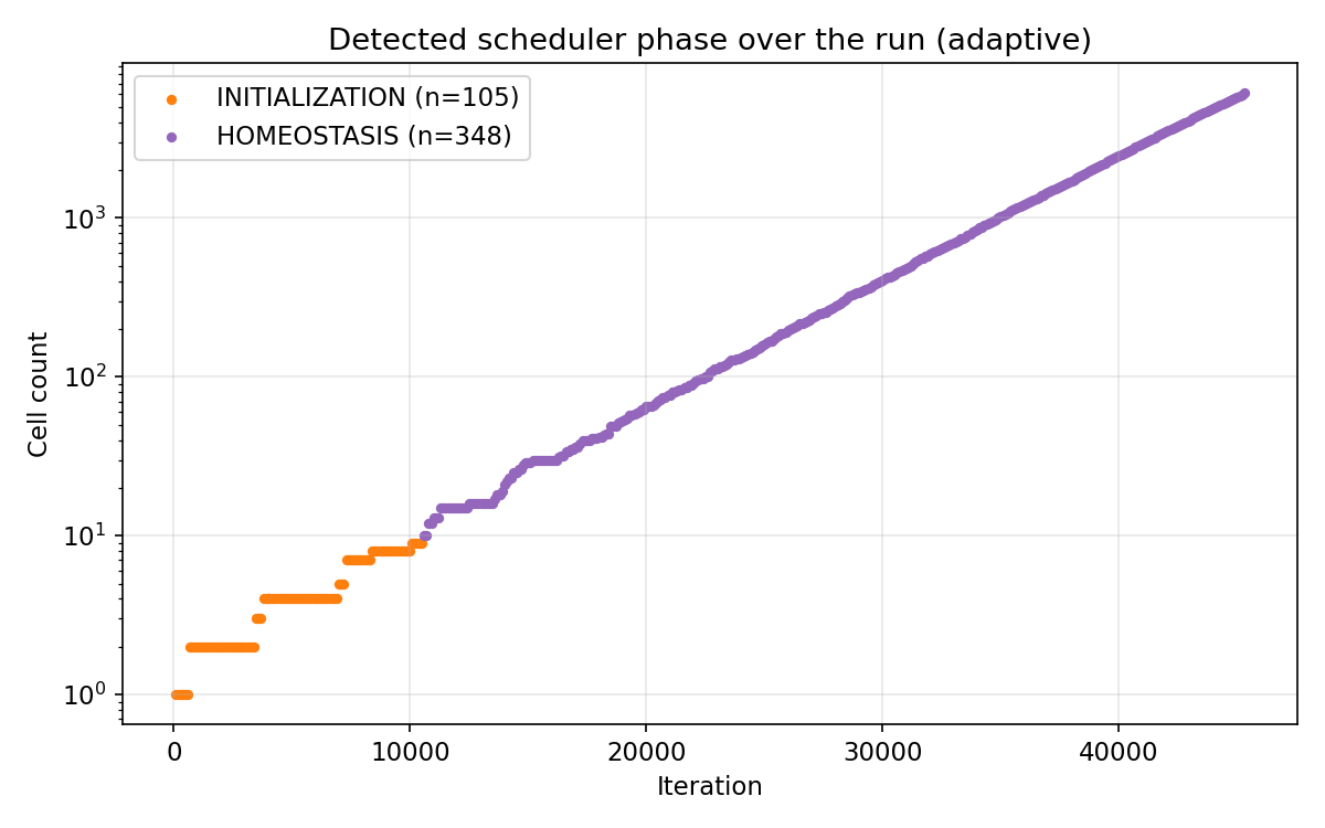 Detected scheduler phase vs iteration, colored by phase: INITIALIZATION then HOMEOSTASIS; GROWTH never appears